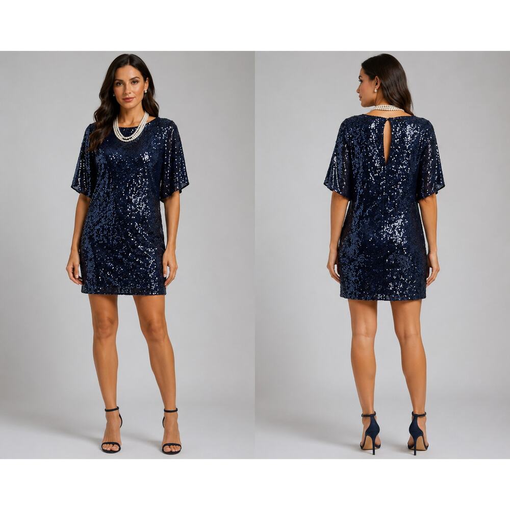 Cache Navy Sequin Encrusted Split Sleeve Key Hole Event Dress Lined New NWT $198